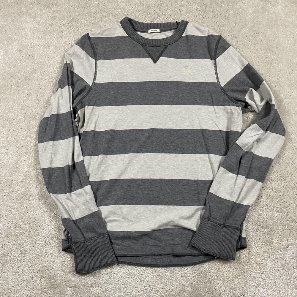 Y2K Abercrombie & Fitch Shirt Mens XL Gray Stripe Crewneck Long Sleeve Muscle